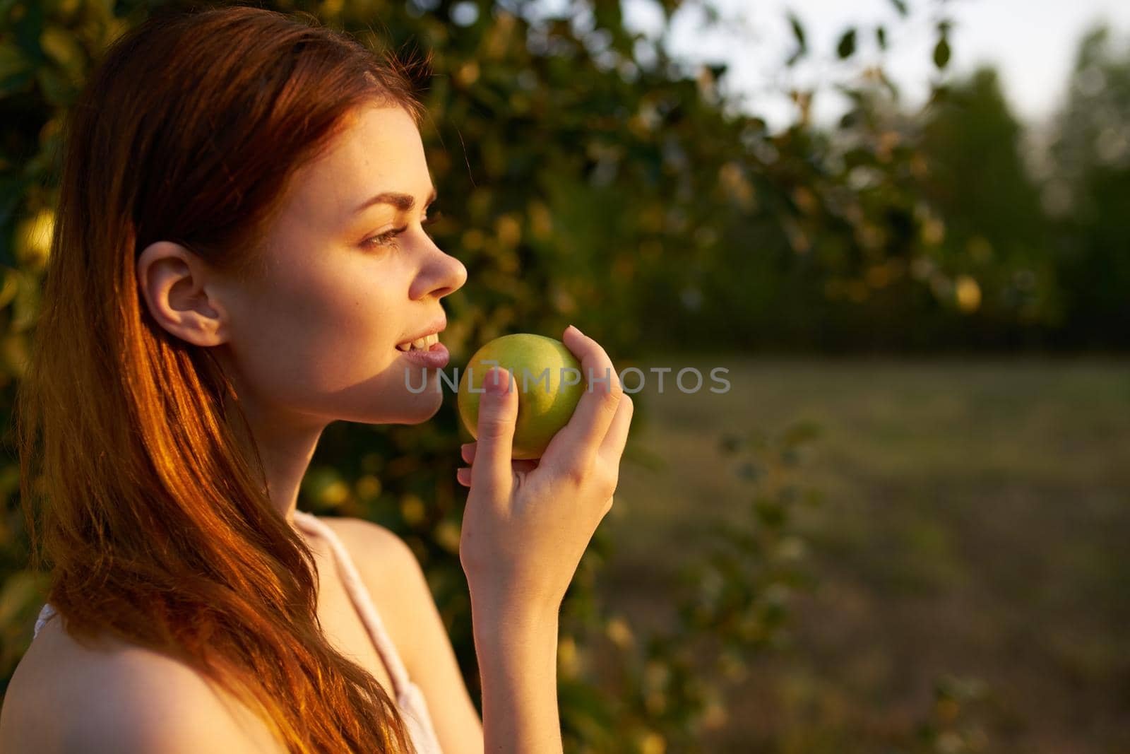 happy woman with apples in her hands in nature Green grass trees Summer sun. High quality photo