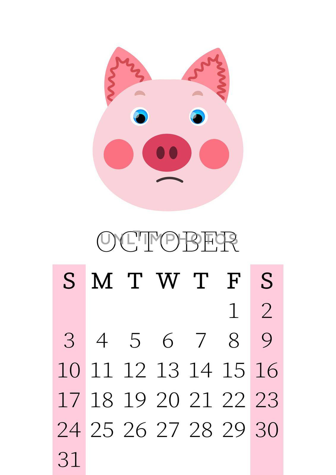 Calendar 2021. Monthly calendar for October 2021 from Sunday to Saturday. Yearly Planner. Templates with cute hand drawn face animals. Vector illustration. Great for kids. Calendar page for print.
