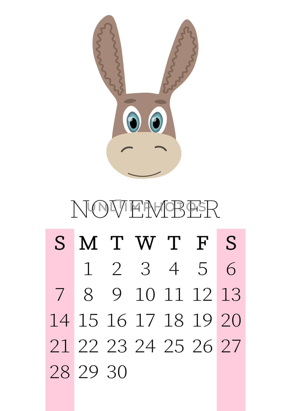 Calendar 2021. Monthly calendar for November 2021 from Sunday to Saturday. Yearly Planner. Templates with cute hand drawn face animals. Vector illustration. Great for kids. Calendar page for print.