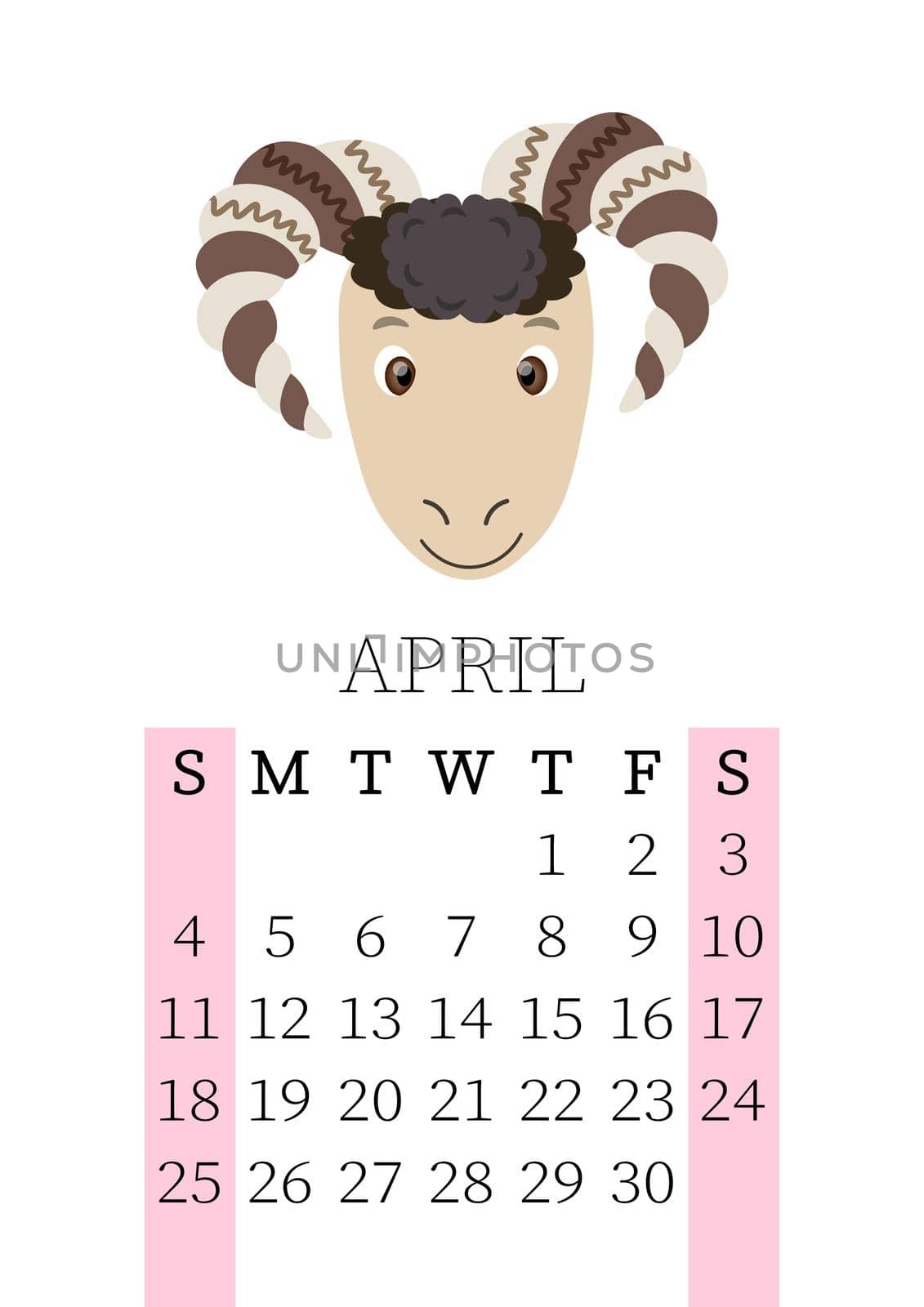 Calendar 2021. Monthly calendar for April 2021 from Sunday to Saturday. Yearly Planner. Templates with cute hand drawn face animals. Vector illustration. Great for kids. Calendar page for print.