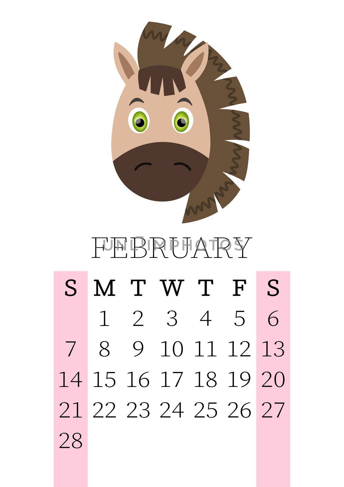 Calendar 2021. Monthly calendar for February 2021 from Sunday to Saturday. Yearly Planner. Templates with cute hand drawn face animals. Vector illustration. Great for kids. Calendar page for print.