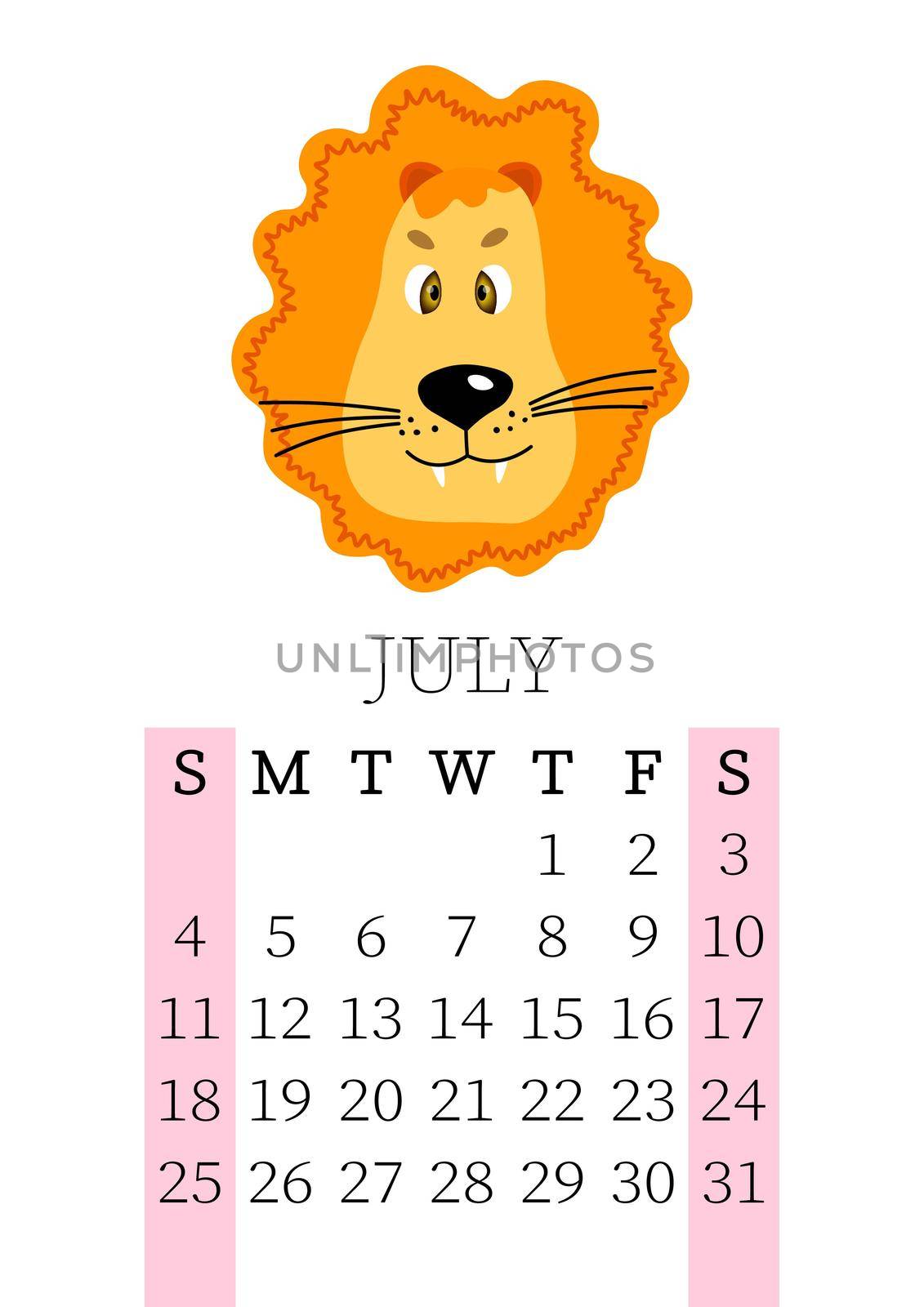 Calendar 2021. Monthly calendar for July 2021 from Sunday to Saturday. Yearly Planner. Templates with cute hand drawn face animals. Vector illustration. Great for kids. Calendar page for print.