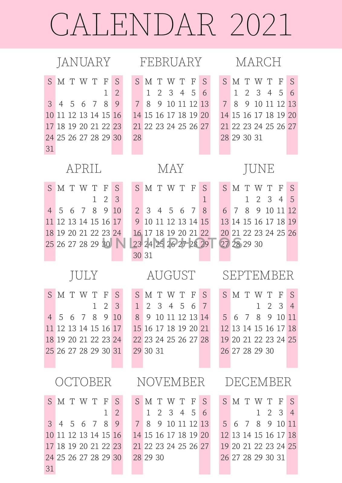 2021 calendar planner. Сorporate week. Template layout, 12 months yearly, white and pink background. Simple design for business brochure, flyer, print media, advertisement. Week starts from Sunday.