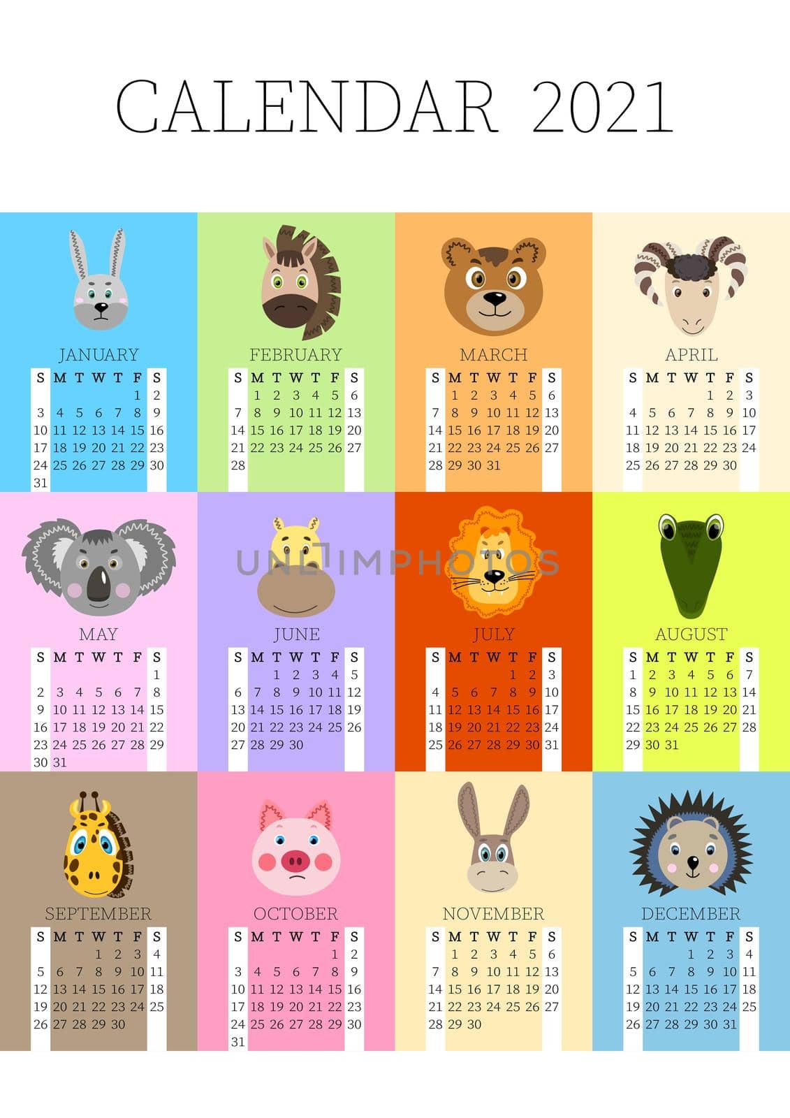 Calendar 2021. Monthly calendar 2021 from Sunday to Saturday. Yearly Planner. Templates with cute hand drawn face animals. Vector illustration. Great for kids. Calendar page for print.