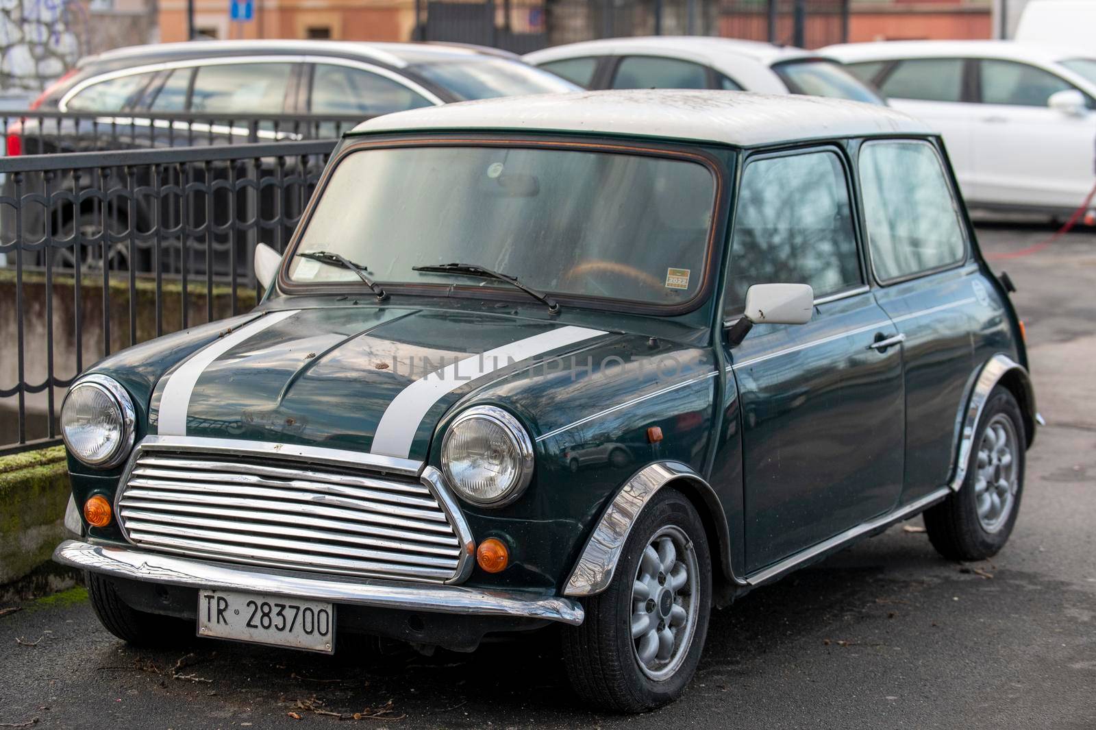 terni,italy february 11 2021:mini cooper vintage in green color