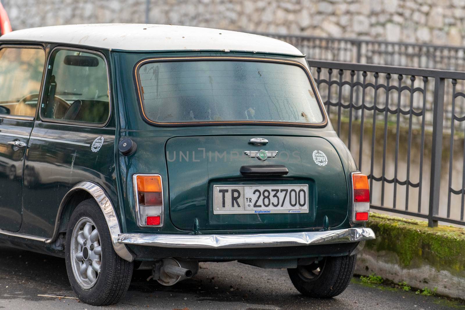 terni,italy february 11 2021:mini cooper vintage in green color