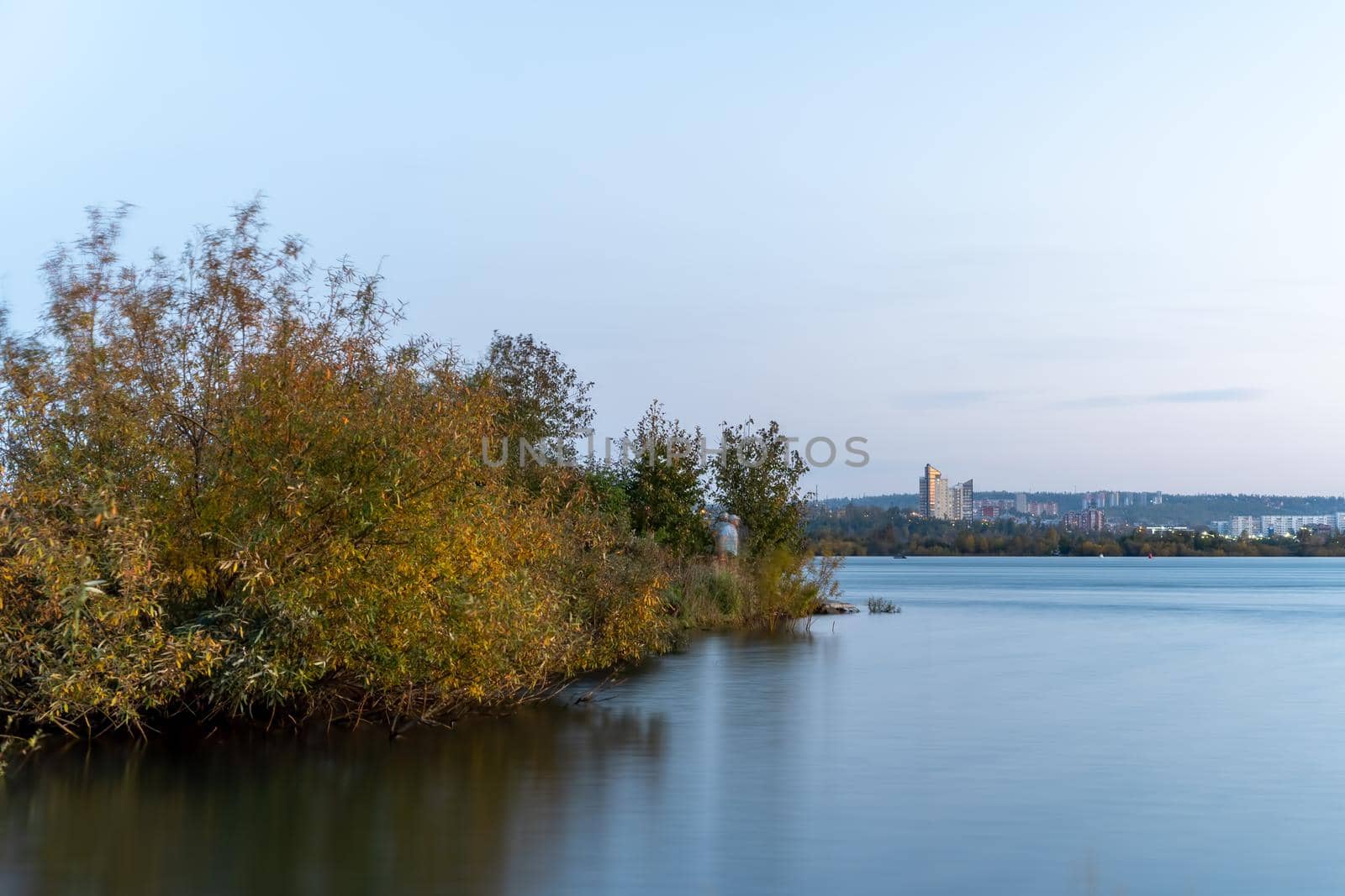Natural landscape with a view of the Angara river. Long exposure.
