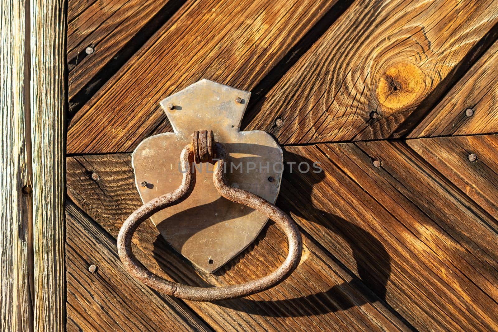 Metal door handle on the background of a wooden door.