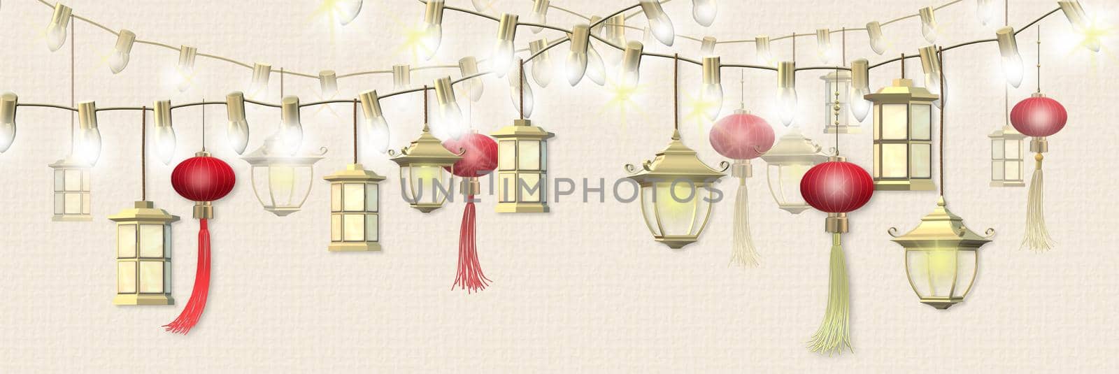 Happy Lantern festival. Spring Chinese festival design. Oriental Asian traditional lanterns on string of lights on pastel yellow background. Place for text, Horizontal 3D illustration