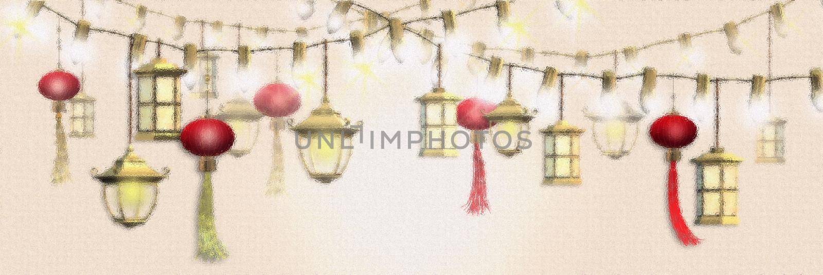 Chinese Lantern festival, new year, mid autumn decoration background with lanterns on yellow background. Soft focus design. Horizontal Header. 3D rendering illustration