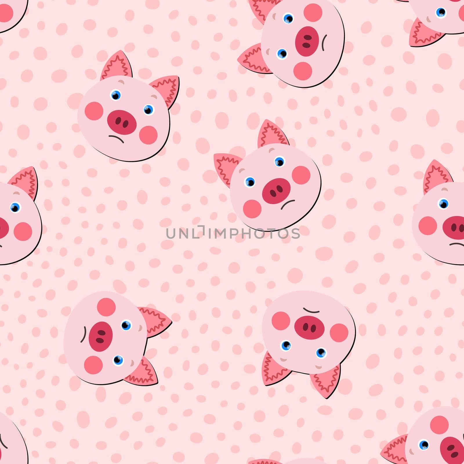 Vector flat animals colorful illustration for kids. Seamless pattern with cute pig face on pink polka dots background. Adorable cartoon character. Design for textures, card, poster, fabric, textile. by allaku