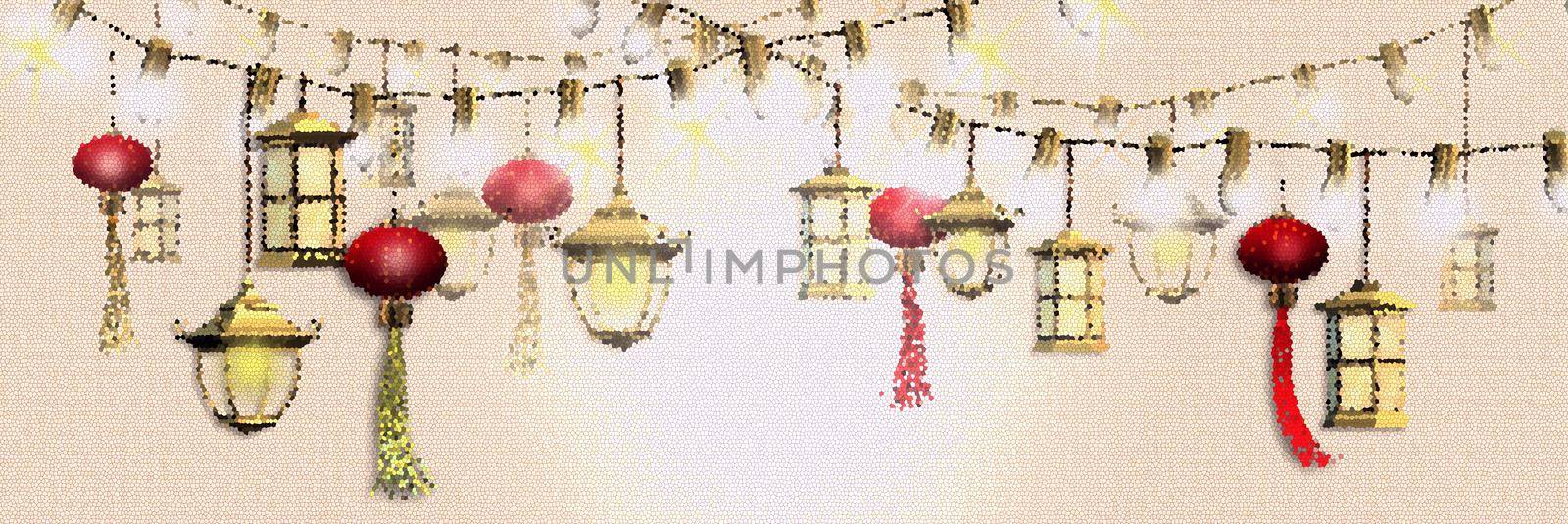 Lantern festival. Spring Chinese festival design. Oriental Asian traditional lanterns on string of lights on pastel yellow background. Place for text, 3D render