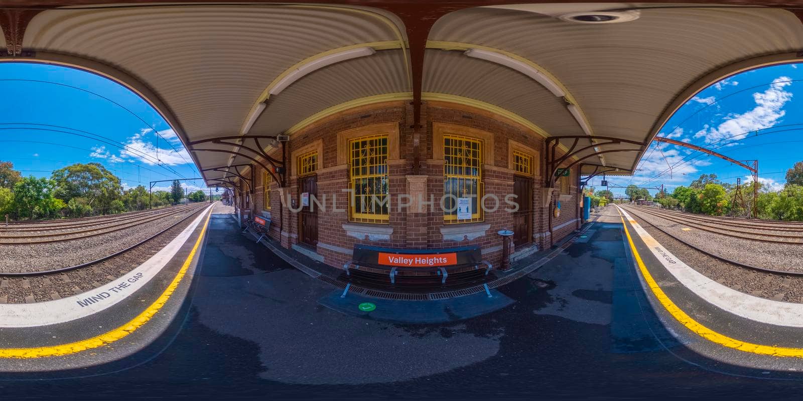 Spherical 360 panorama photograph of the Valley Heights Train Station in The Blue Mountains in regional New South Wales in Australia