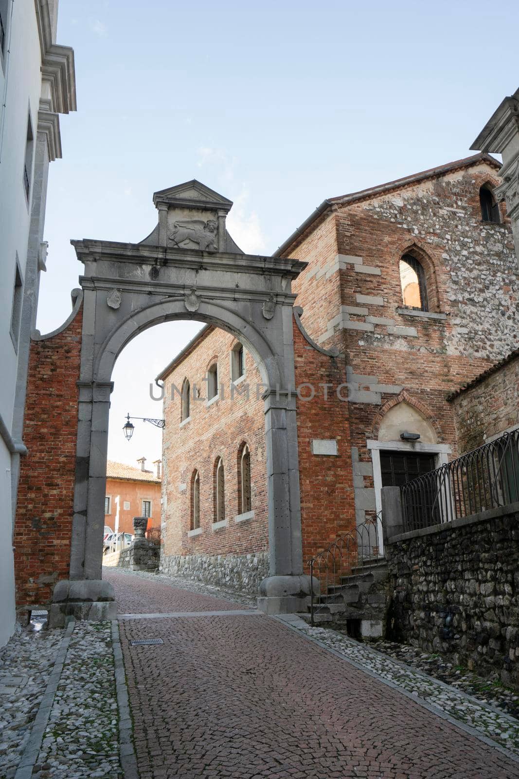 Udine, Italy. February 11, 2020. external view of the  casa della confraternita (the house of Confraternity) on the castle hill