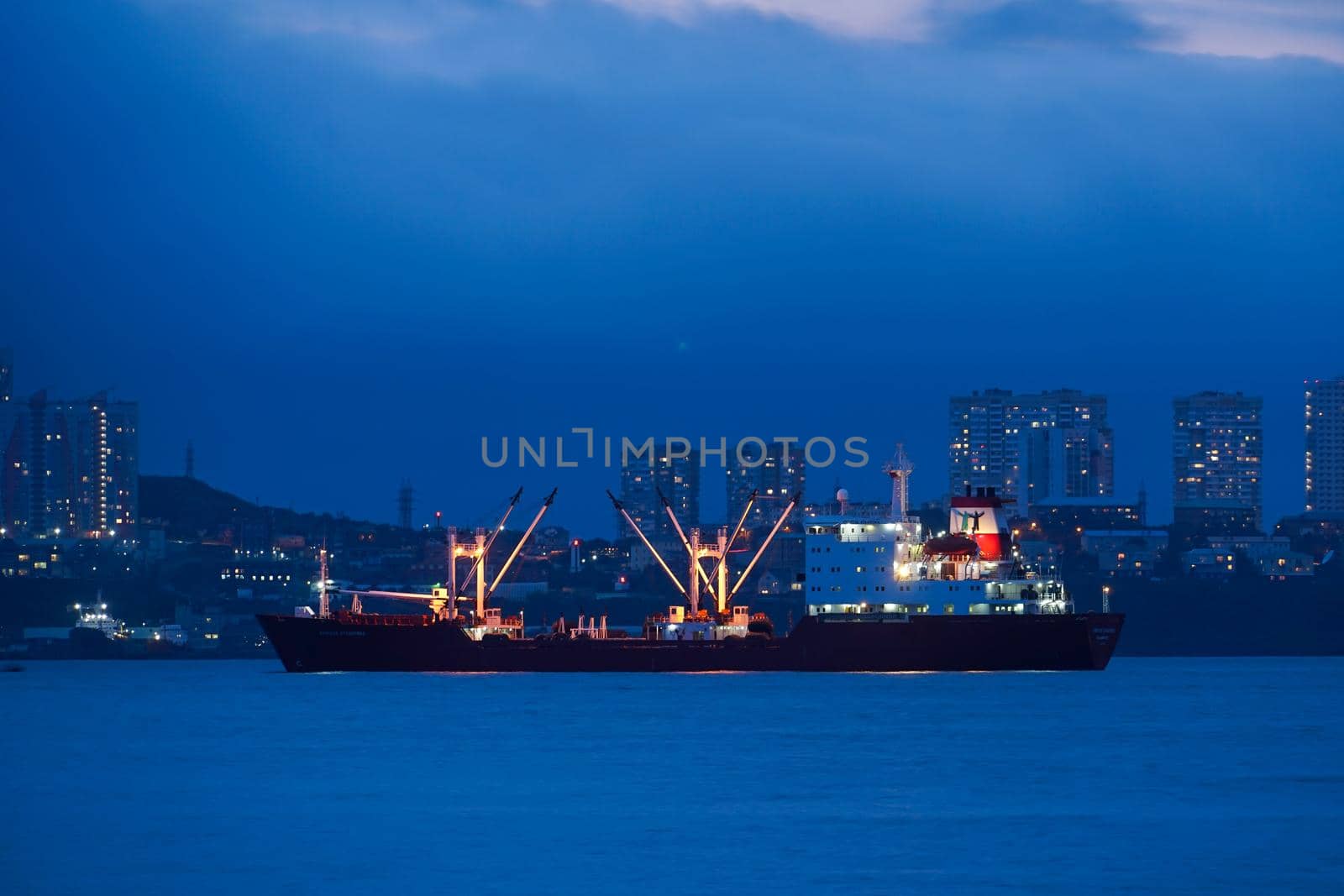 Vladivostok, Russia. Night landscape with the sea and ships on the background of the city.