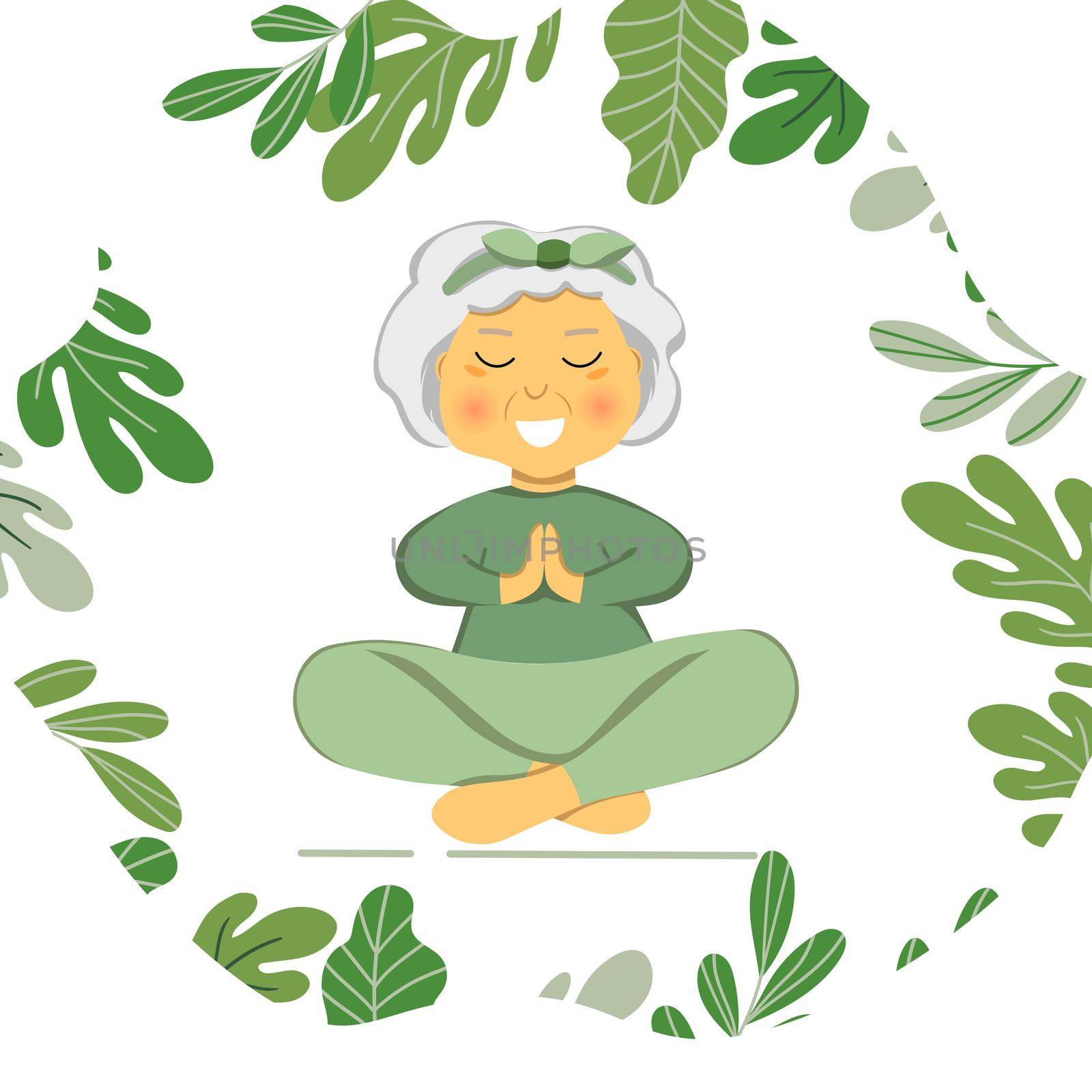 Sporty Granny does Yoga. Old person. Vector colorful cartoon illustration. Senior woman in pose yoga. Exercising for better health. Isolated flat image. Grandma. Grandmother character. by allaku