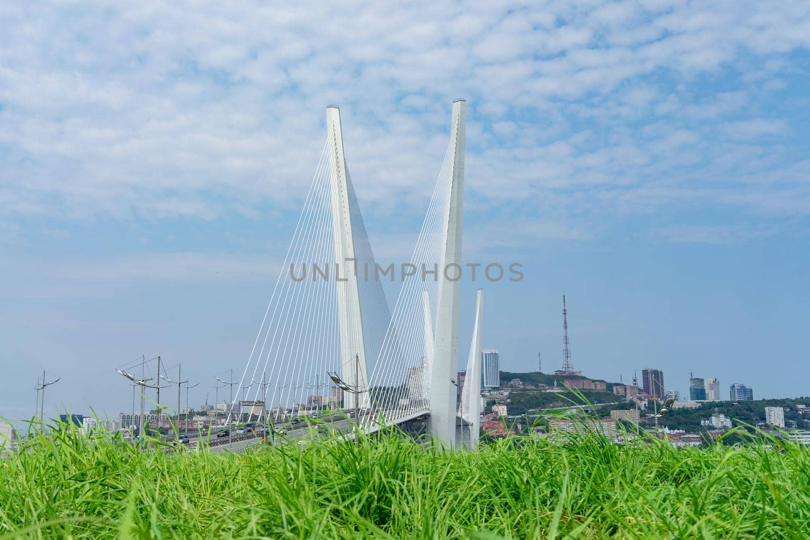 Cityscape overlooking the Golden bridge. Vladivostok, Russia
