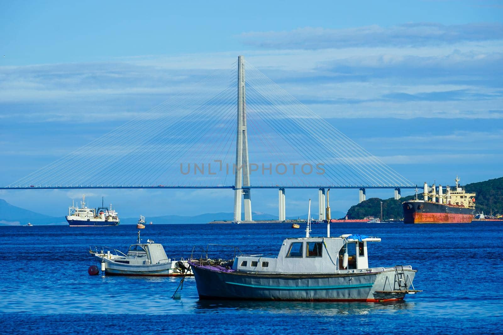 Vladivostok, Russia.Seascape overlooking the Russian bridge and ships.