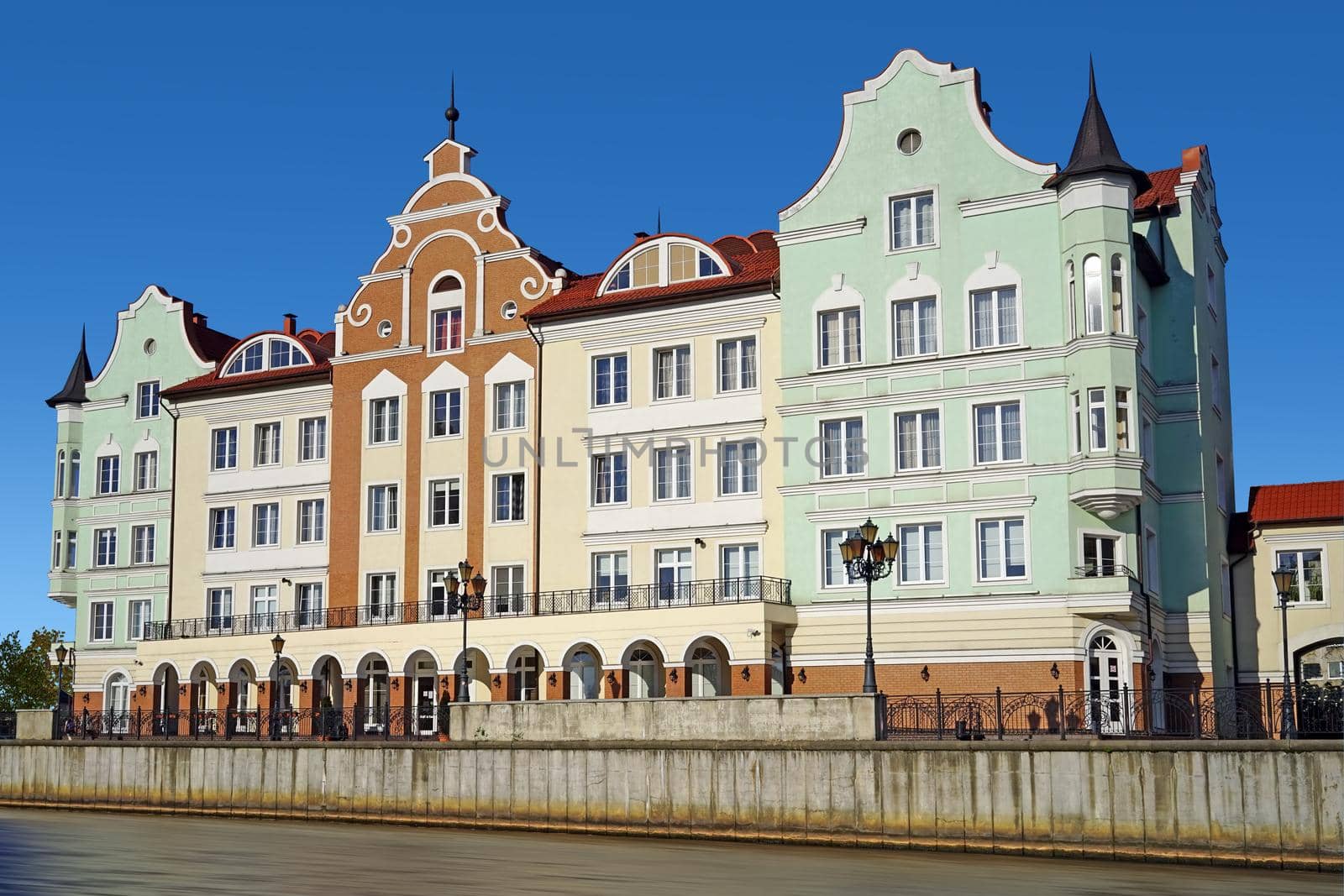 Urban landscape with views of the embankment and buildings. Kaliningrad, Russia