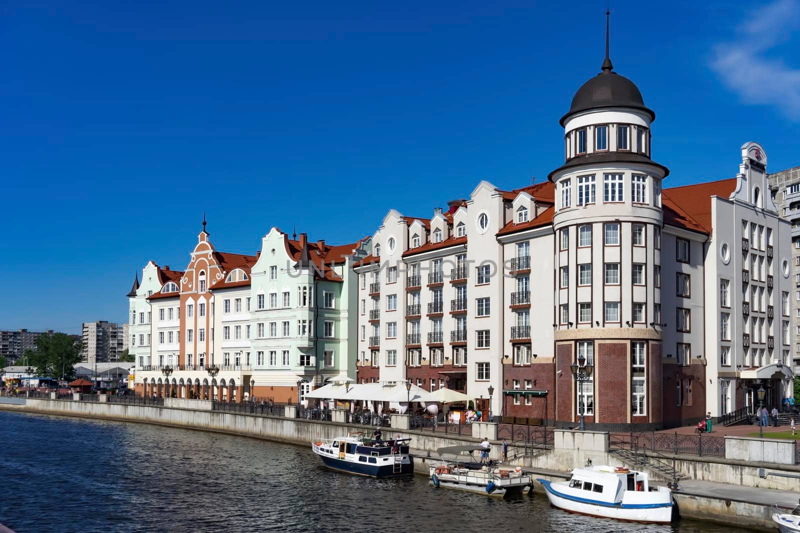 Kaliningrad, Russia. The city skyline, the river Pregolya and the sights of the city on the background of blue sky.