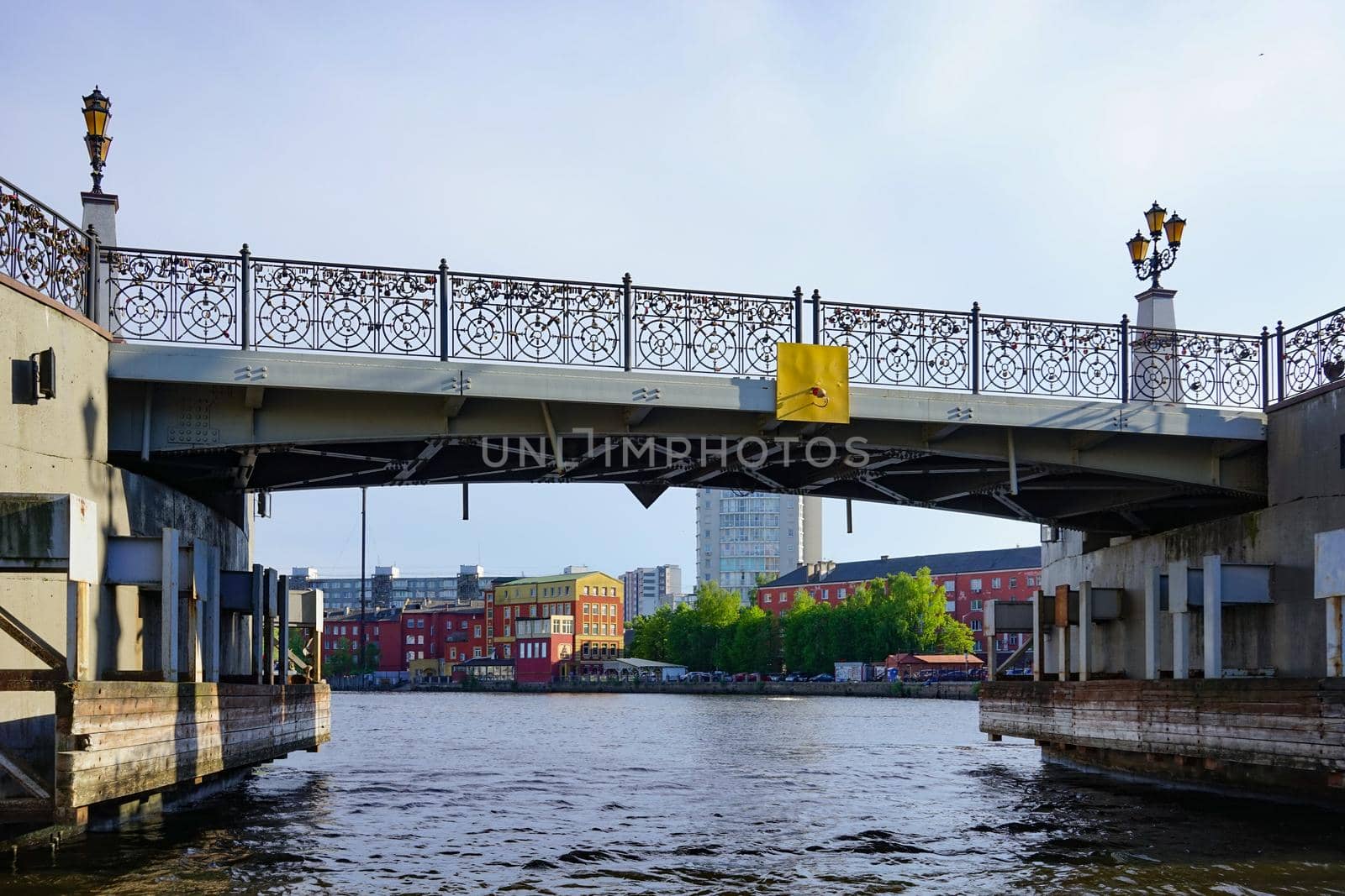 Kaliningrad, Russia. Cityscape with view of the river Pregolya, bridge and modern buildings.