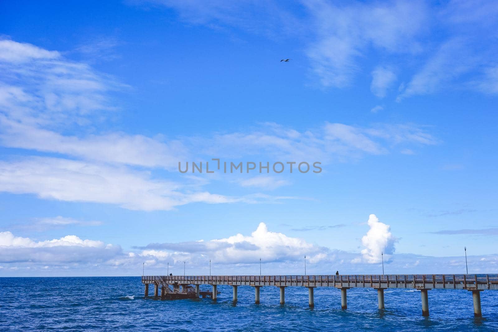 Seascape overlooking the long pier of the resort town with walking people.