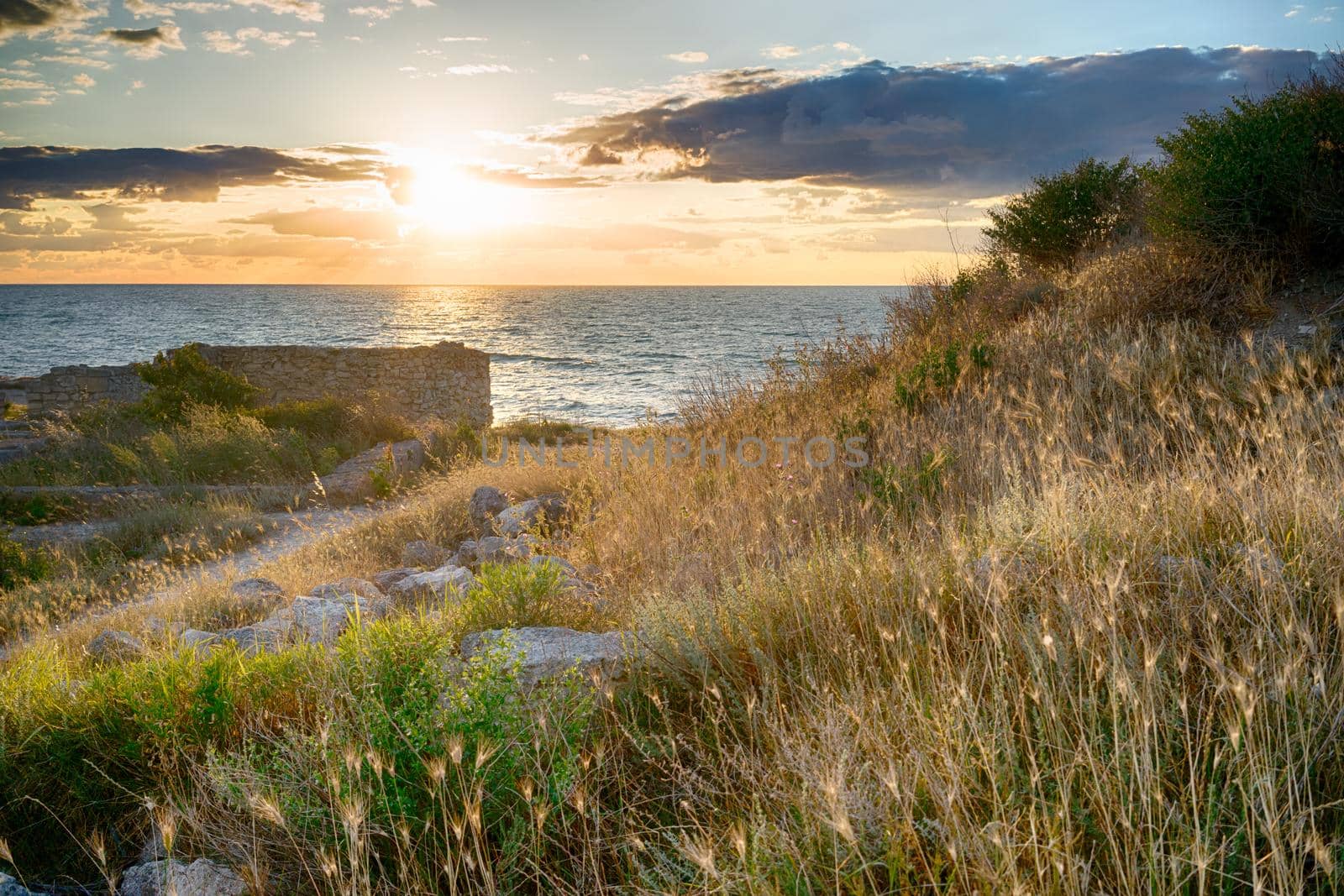Sunset over the sea in the ancient city of Chersonesos