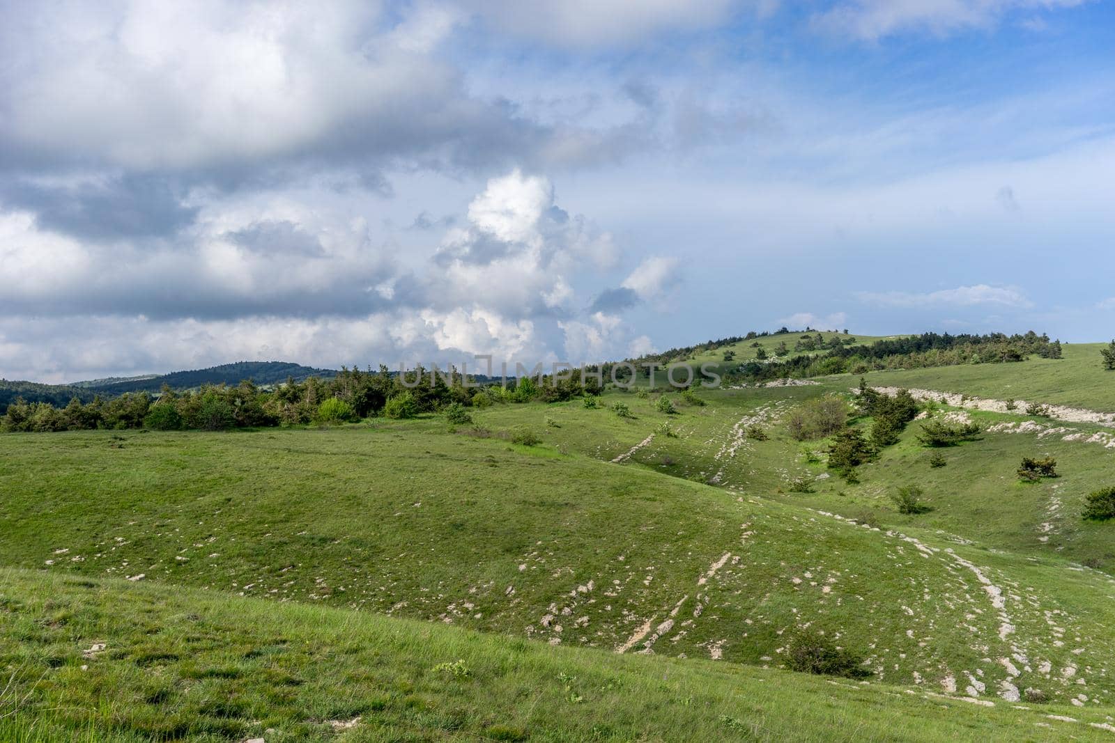 Landscape with hills covered with green grass.