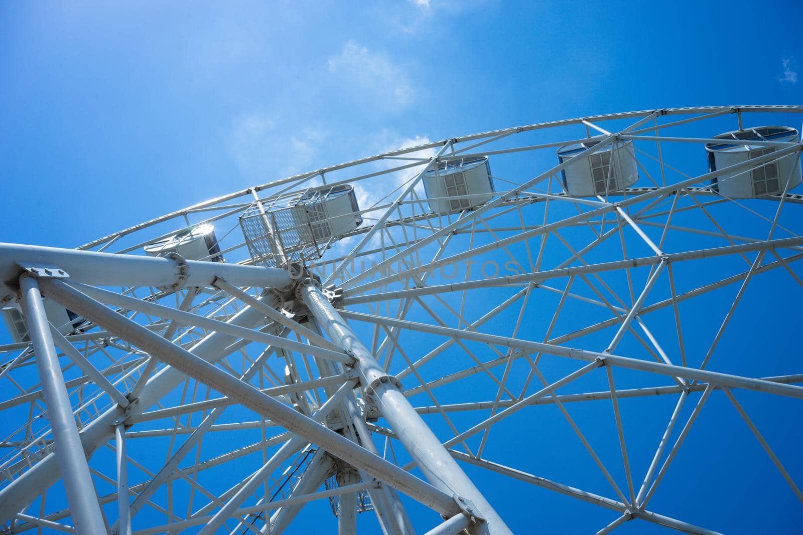 Beautiful and modern Ferris wheel on blue sky background. Evpatoria, Crimea