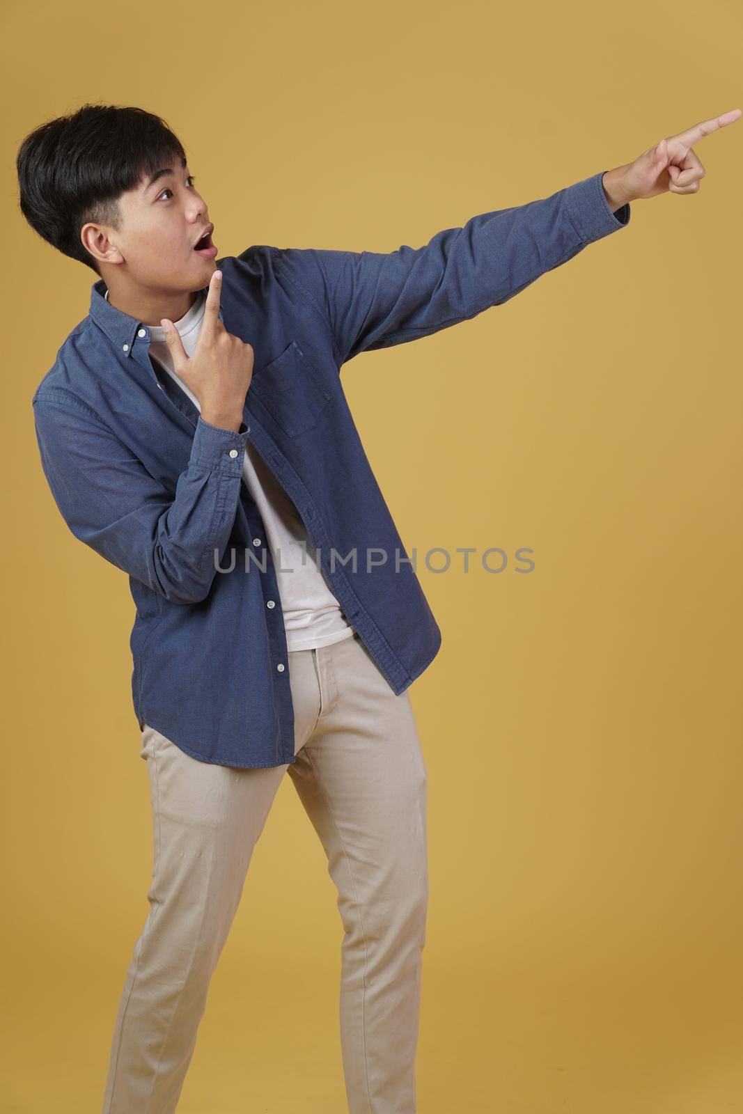 portrait of happy handsome young asian man dressed casually pointing fingers at copyspace. yellow studio background