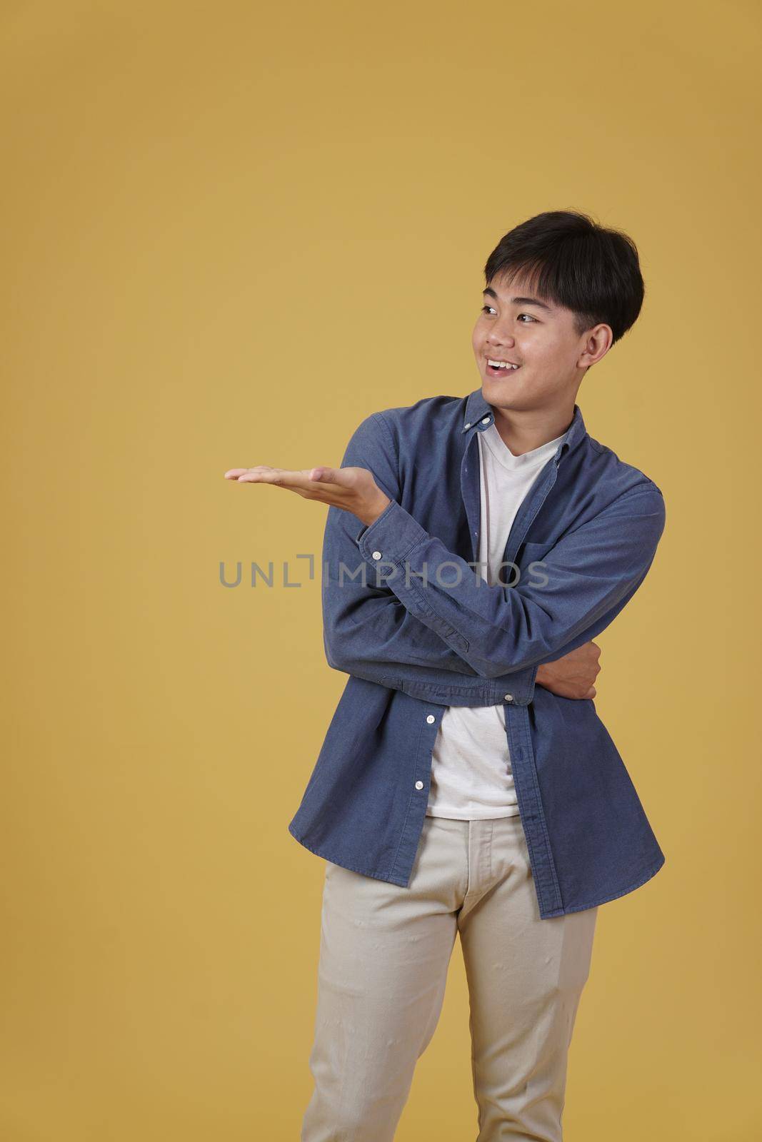 portrait of happy handsome young asian man dressed casually presenting with open palm hand gesture at copyspace isolated on yellow studio background