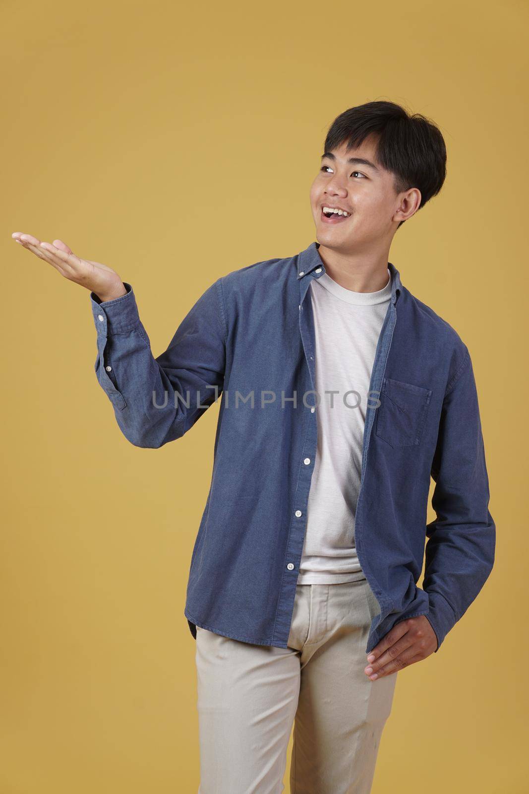 portrait of excited happy handsome young asian man dressed casually smiling with open hand gesture isolated on yellow studio background