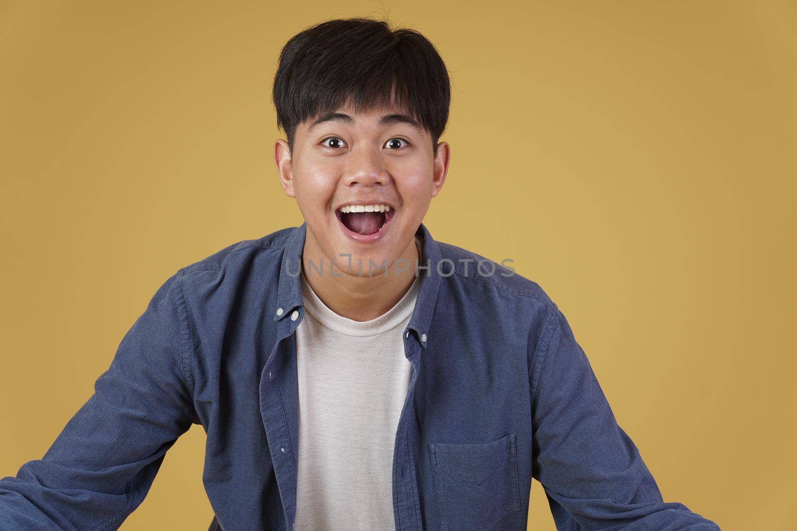 portrait of  glad cheerful happy rejoicing excited overjoyed young asian man dressed casually isolated on yellow studio background