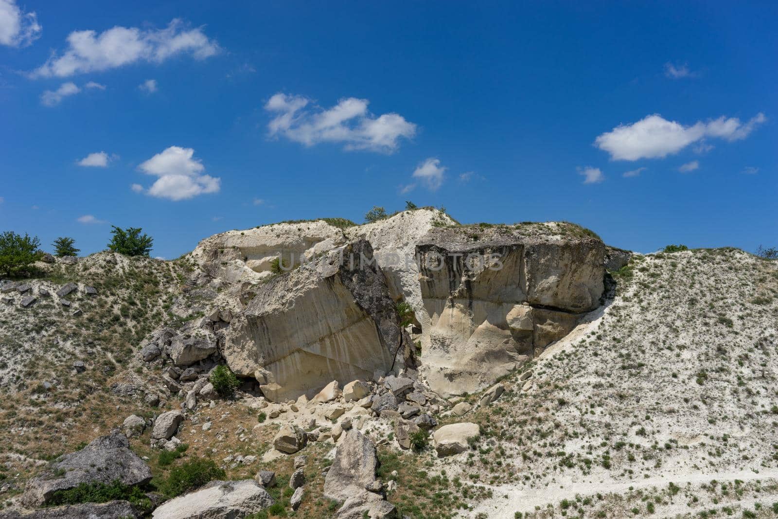Landscape with a White rock in the Crimea against the blue sky.