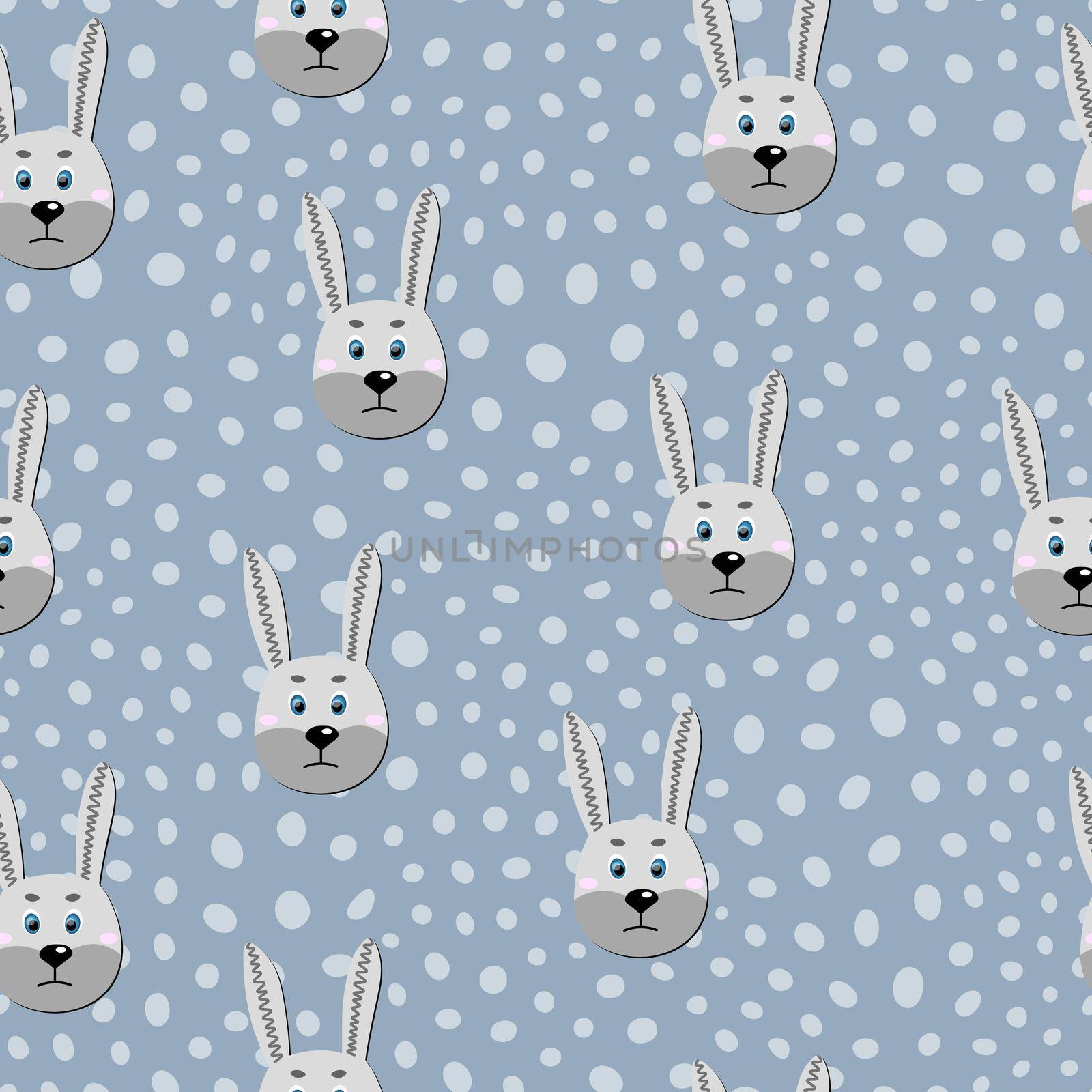 Vector flat animals colorful illustration for kids. Seamless pattern with cute hare face on blue polka dots background. Adorable cartoon character. Design for card, poster, fabric, textile. Rabbit