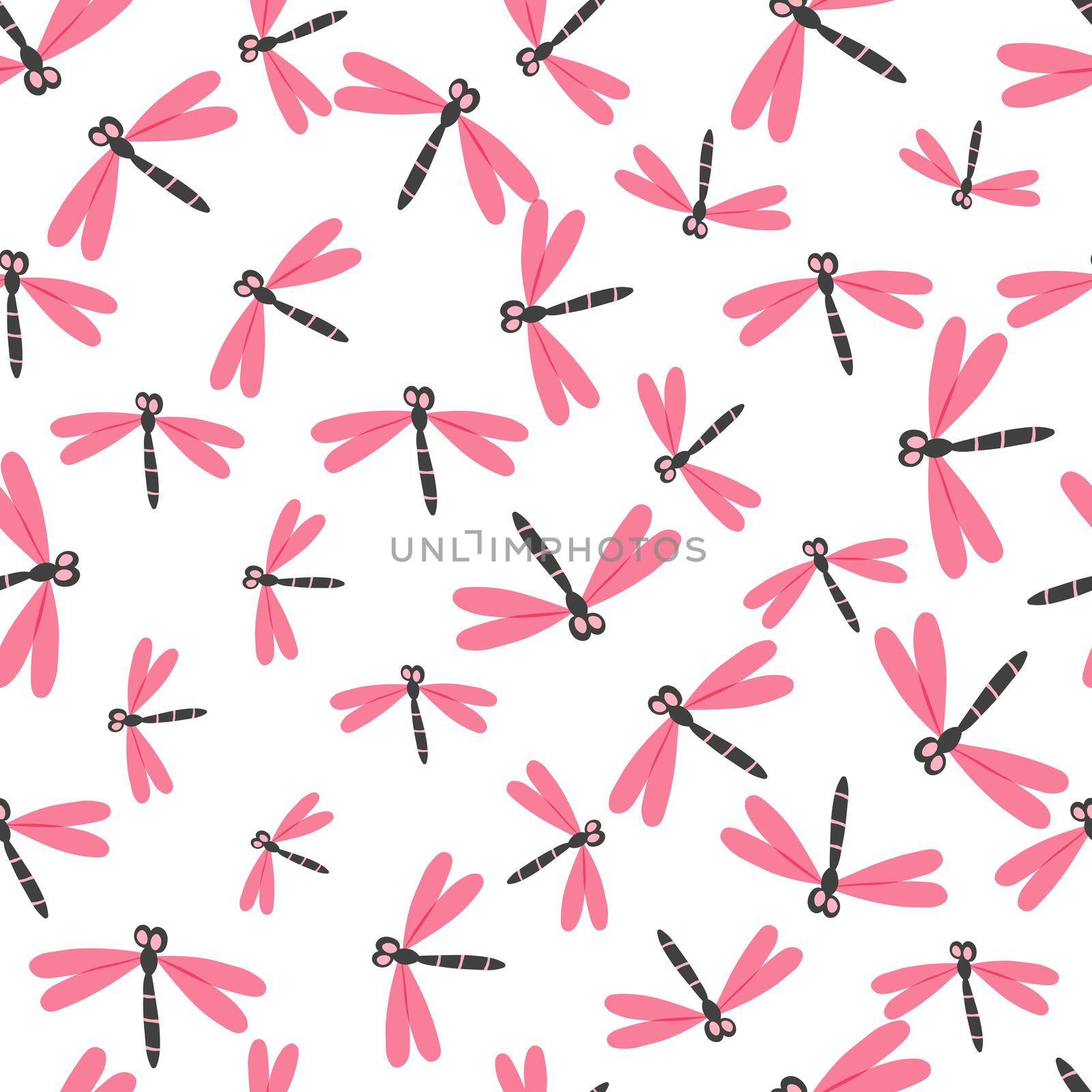 Seamless pattern with color dragonfly on white background. Romantic vector illustration. Adorable cartoon character. Template design for invitation, cards, textile, fabric. Doodle style. by allaku