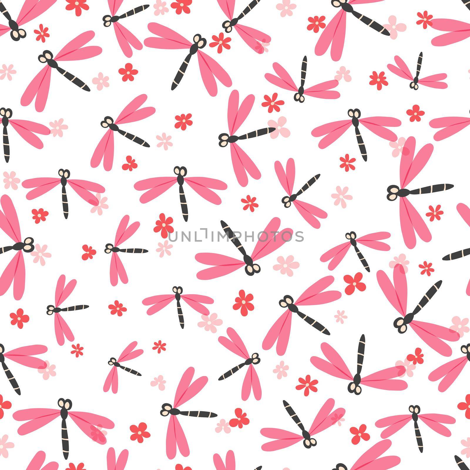 Seamless pattern with color dragonfly and flowers on white background. Romantic vector illustration. Adorable cartoon character. Template design for invitation, textile, fabric. Doodle style by allaku