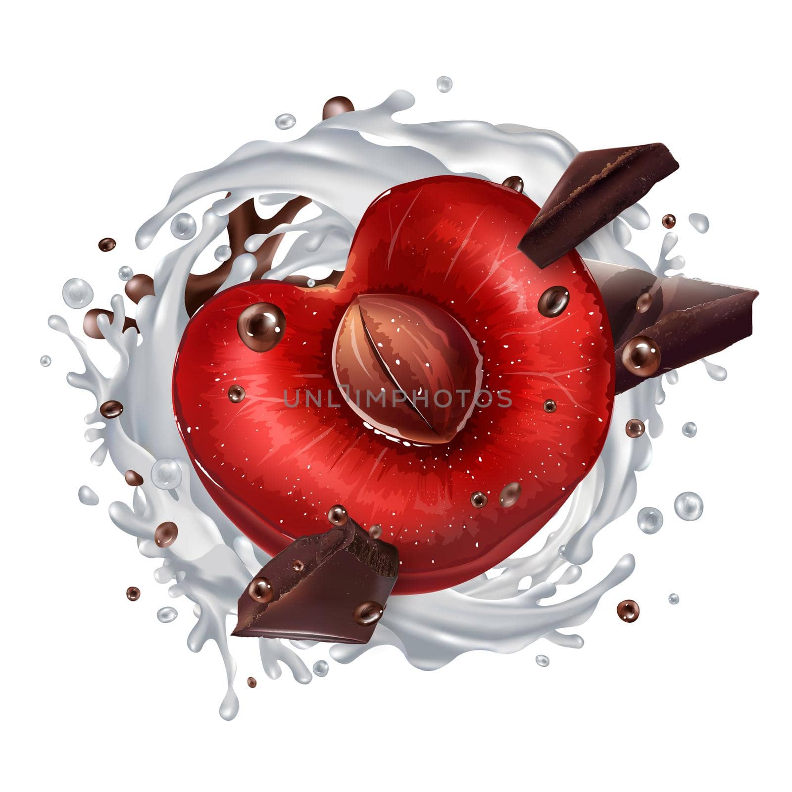 Cherry, pieces of dark chocolate and a splash of milk. Realistic style illustration.