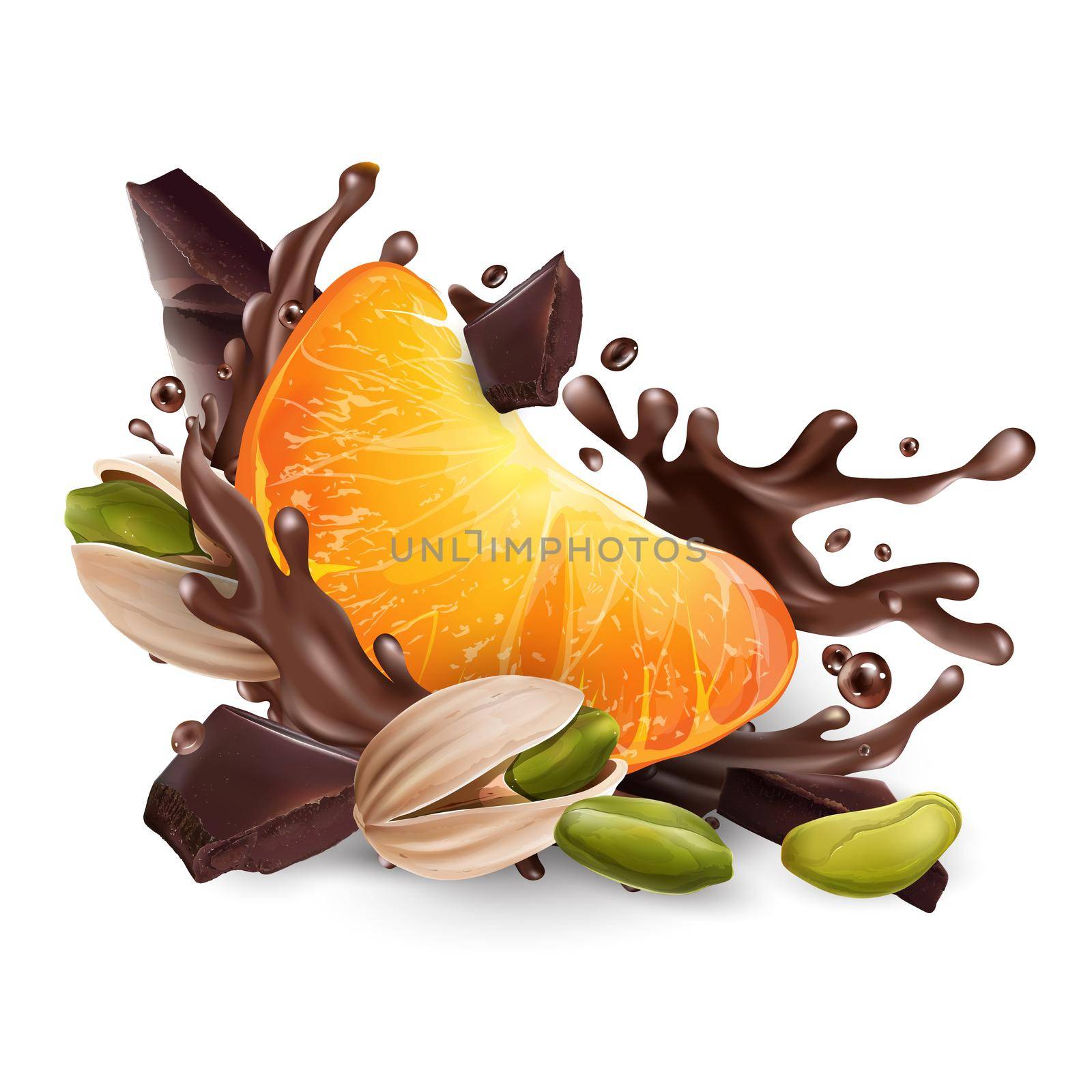 A slice of tangerine with pistachios and chocolate pieces and splashes on a white background. Realistic style illustration.
