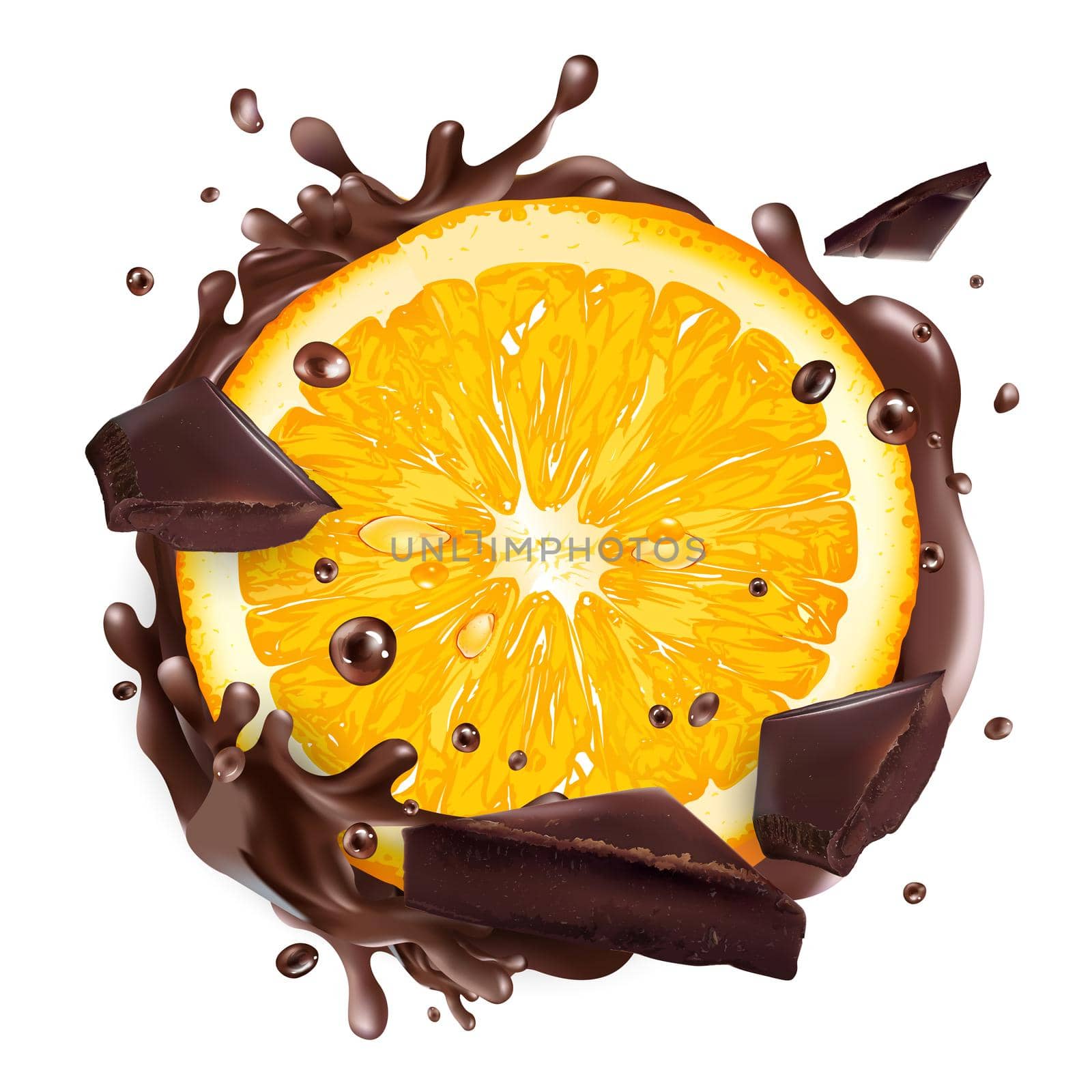 A slice of orange with pieces of chocolate in a chocolate splash on a white background. Realistic style illustration.