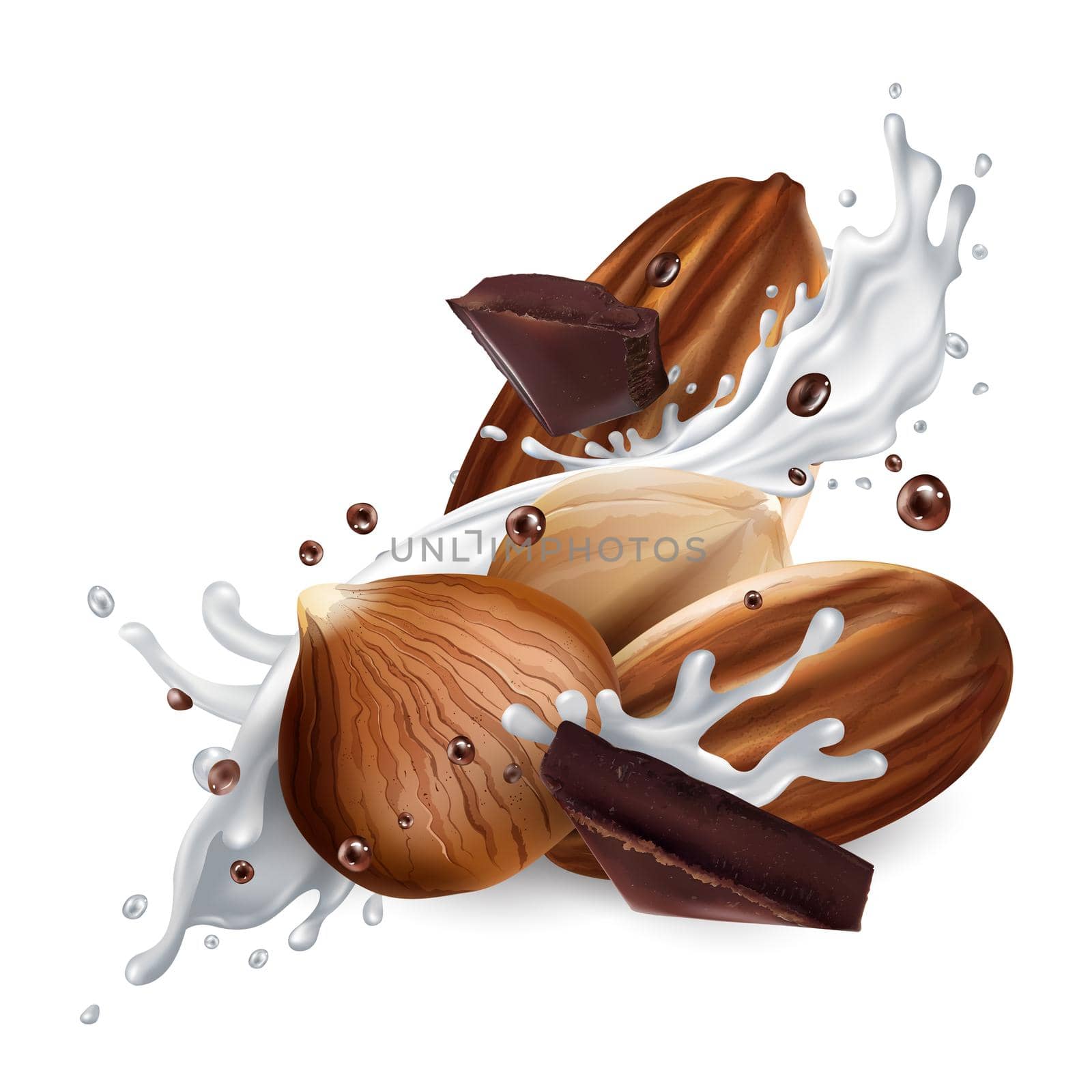 Hazelnuts, almonds and splashes of milk with chocolate pieces on a white background. Realistic style illustration.