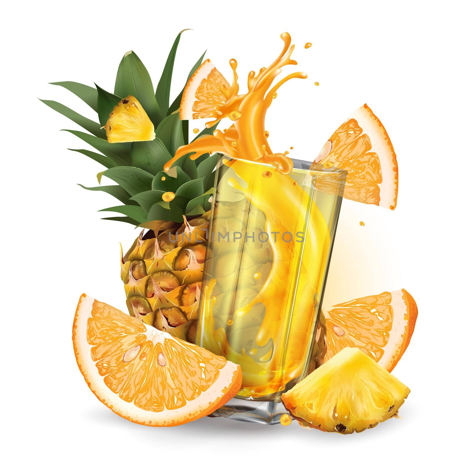 Composition of orange, pineapple and a glass with a dynamic splash of fruit juice. Realistic style illustration.