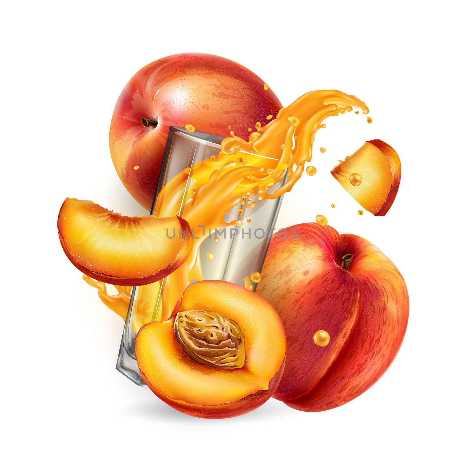 Composition of fresh peaches and a glass with a dynamic splash of fruit juice. Realistic style illustration.