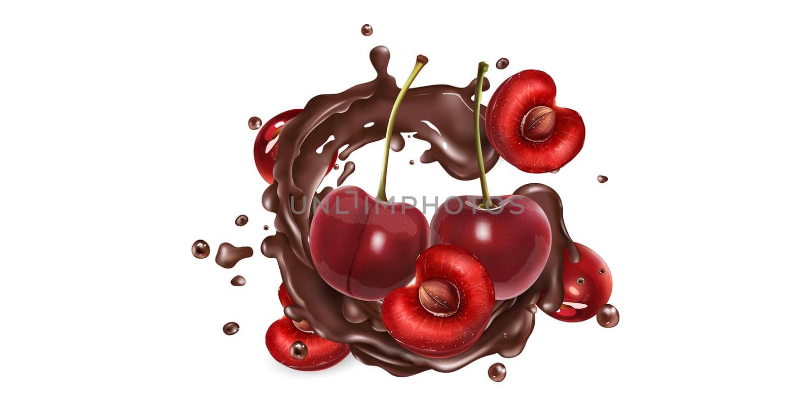 Whole and sliced cherries in chocolate splashes on a white background. Realistic style illustration.