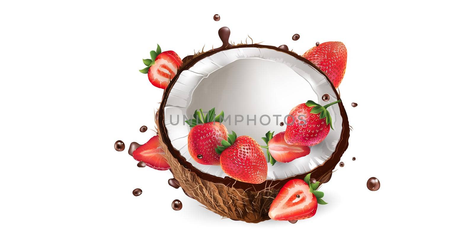 Fresh coconut with strawberries in chocolate splashes on a white background. Realistic style illustration.