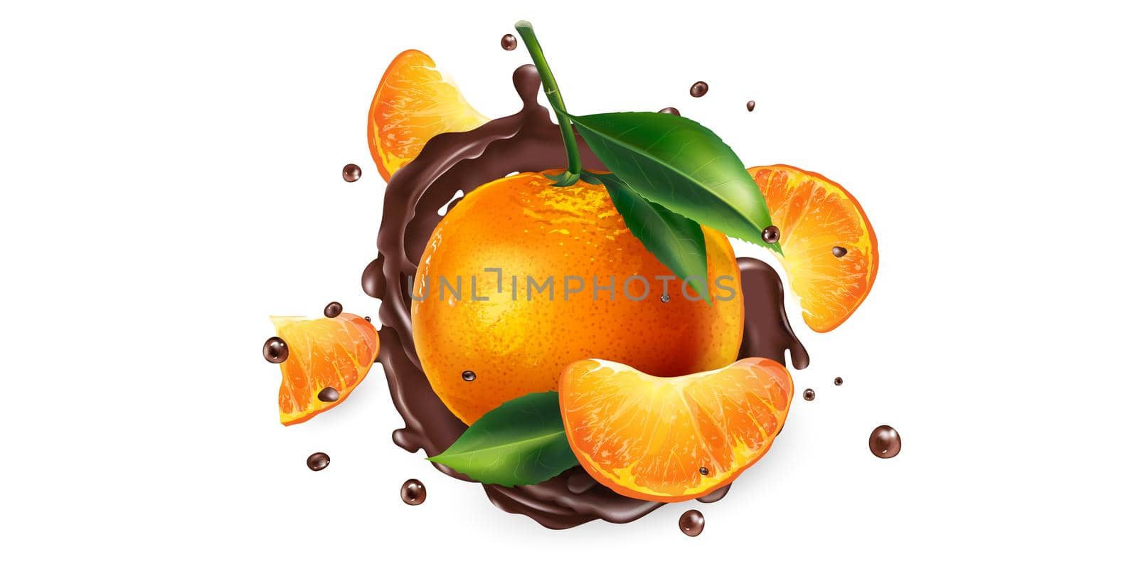 Whole and sliced mandarins in chocolate splashes on a white background. Realistic style illustration.