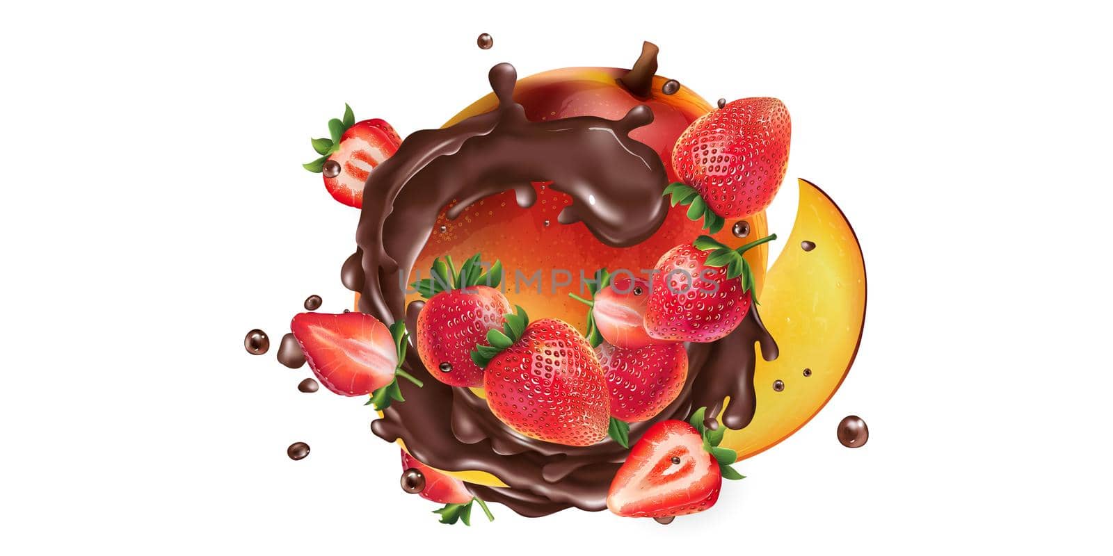 Fresh mango with strawberries in chocolate splashes on a white background. Realistic style illustration.