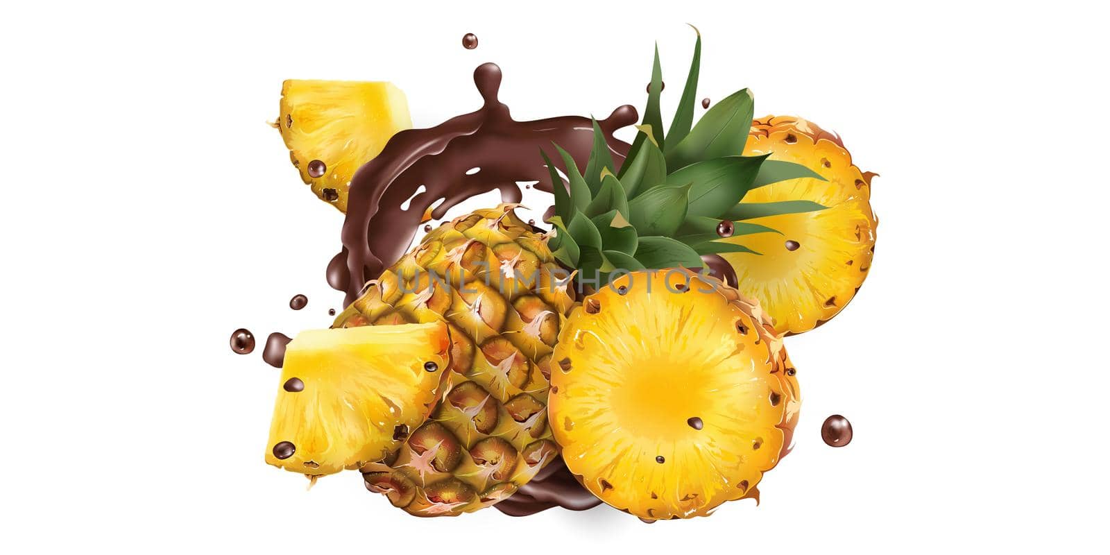 Whole and sliced pineapples in chocolate splashes on a white background. Realistic style illustration.