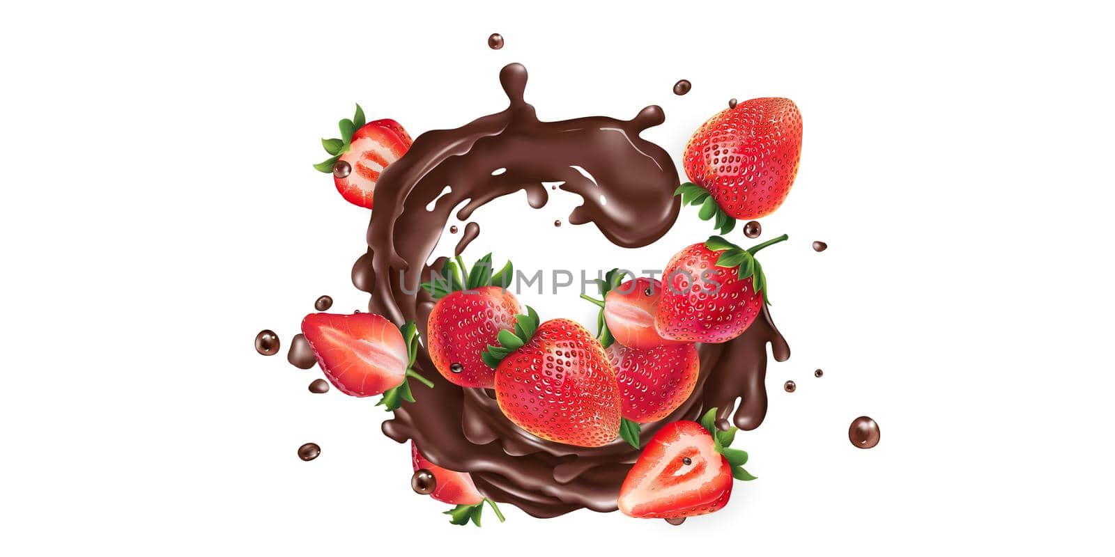 Whole and sliced strawberries in a chocolate splash on a white background. Realistic style illustration.