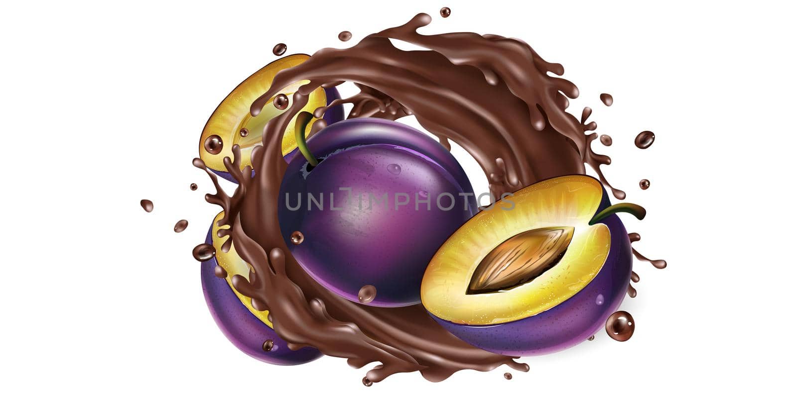 Fresh plums and a splash of liquid chocolate on a white background. Realistic style illustration.